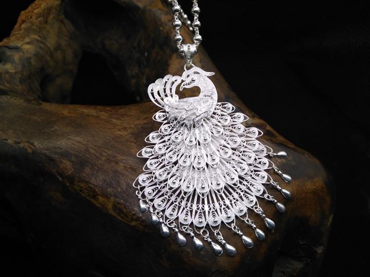 老凤凰 张界凤凰银饰九凤回头苗族手工拉丝s999足银毛衣链坠 苗寨吊坠