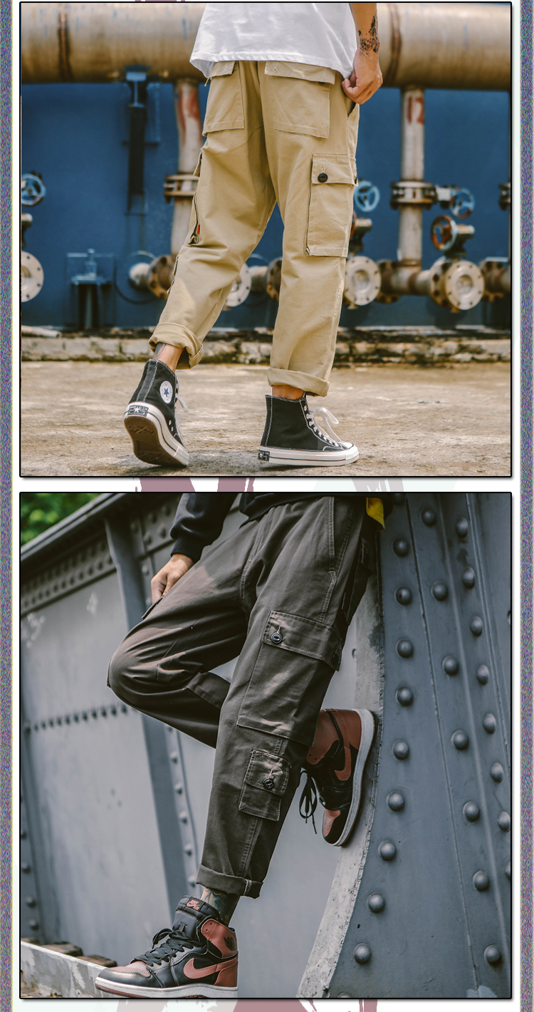 多兜牛仔裤秋季港风九分工装裤男直筒宽松余文乐ins超火多口袋休闲