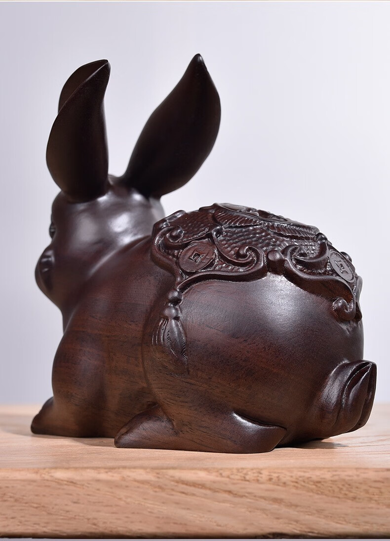 初心如雪黑檀木实木雕刻兔子一对摆件动物木头兔整木家居客厅礼品工艺