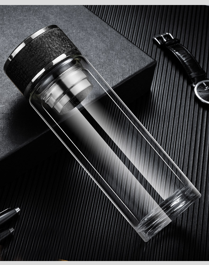 水杯双层玻璃杯男便携随手杯创意潮流耐热办公室茶杯透明水晶杯子