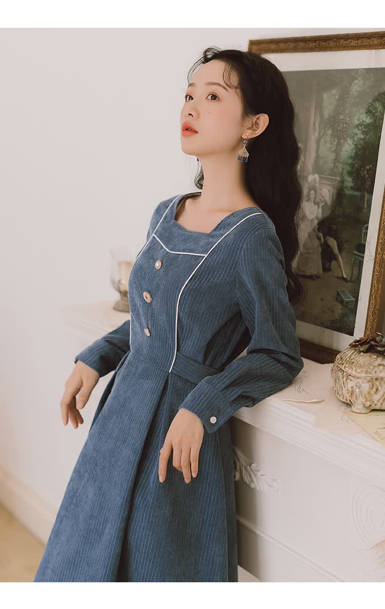 复古法国小众方领长袖连衣裙修身显瘦小个子桔梗初恋裙女秋冬 杏色 s