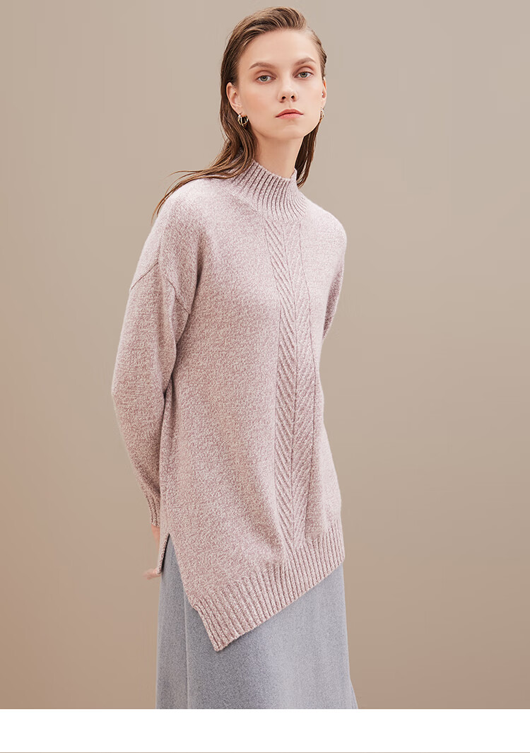 珍贝女加厚长款半高领不规则羊绒衫秋冬新款纯色毛衣tm5968粉白夹花xl