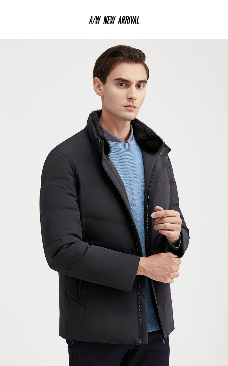 q尼克服柒牌男装长袖立领外套商务青年可拆卸内胆羽绒皮草大衣121jj
