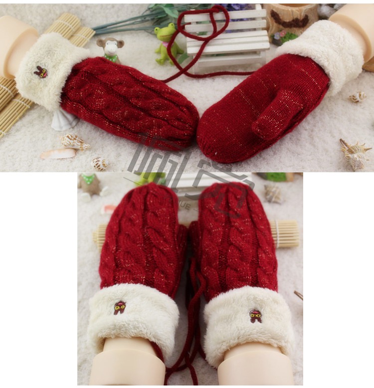 手袜女生手套韩版 加厚带挂绳包指学生手套 冬天士毛线针织保暖连指