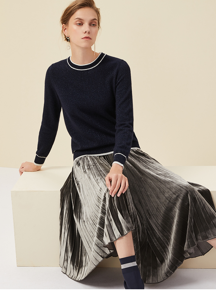 珍贝女装秋冬新款圆领金银色撞色长袖保暖女士羊绒衫tm5861大红s95