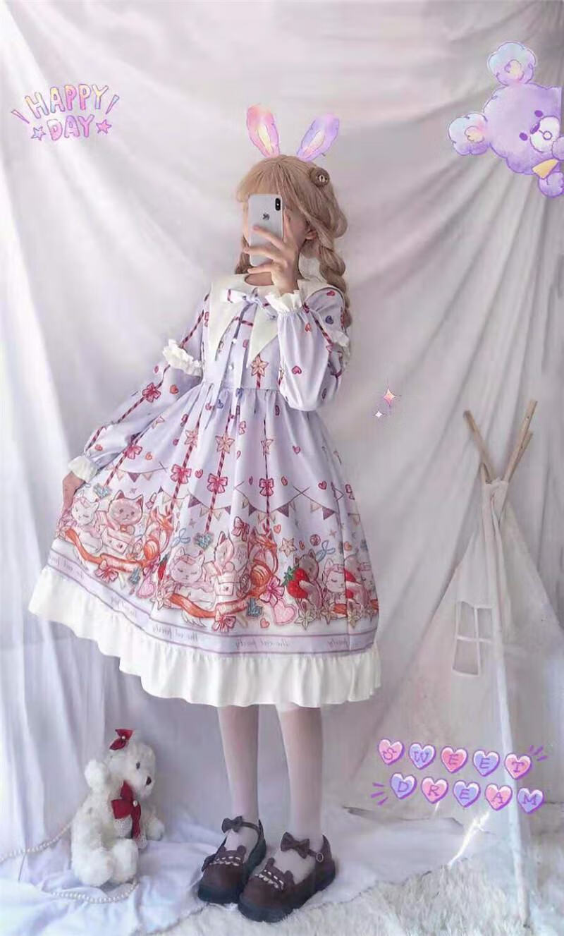 洛丽塔裙子日系洋装软妹春夏猫咪聚会lolita连衣裙op长袖裙女紫色均码
