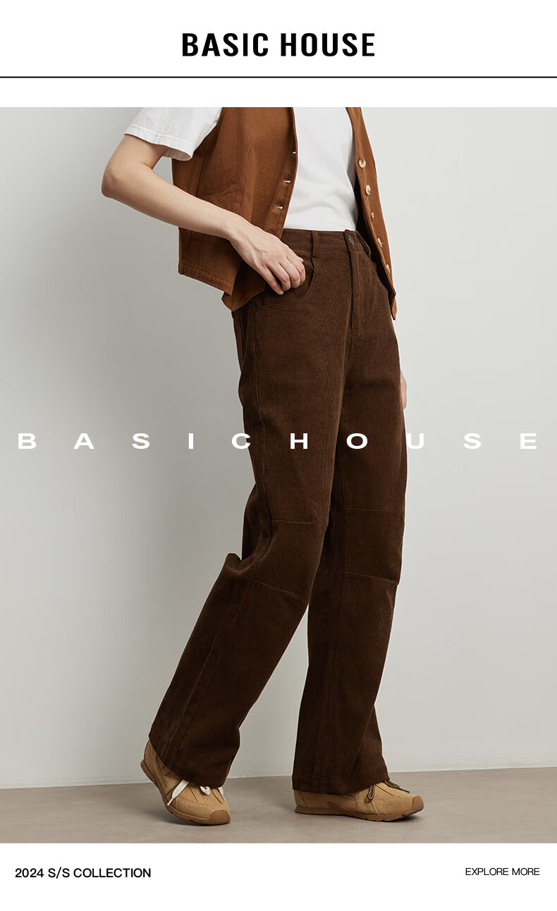 BASIC HOUSE/百家好美拉德显瘦秋季2024灯芯绒裤子直筒休闲裤女2024秋季显瘦灯芯绒裤子 咖色 L详情图片1