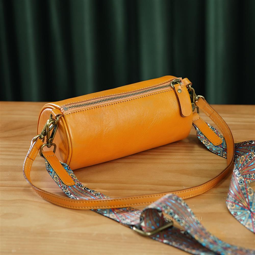 抖音同款岩手工牛皮复古圆筒包yt10019 日落黄【图片 价格 品牌 报价