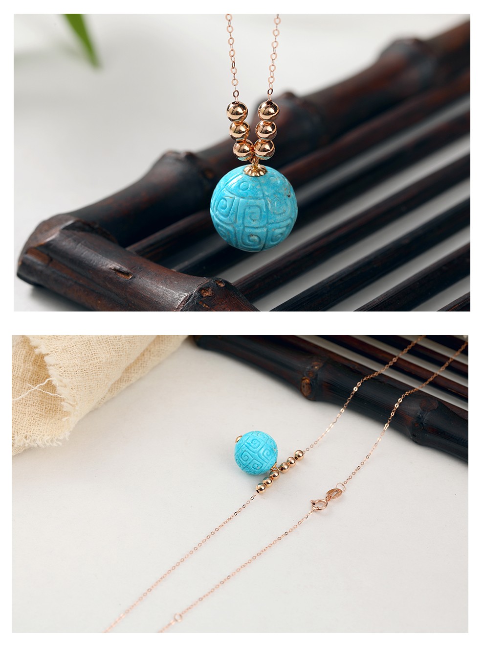 新年礼物欧采妮18k金绿松回纹珠圆珠吊坠女款湖北原矿绿松石吊坠送