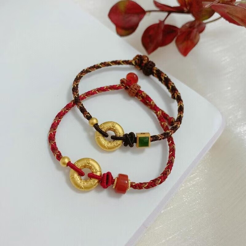 黄金平安扣手链男女款情侣一对足金转运珠素圈本命年编织手绳手饰品送