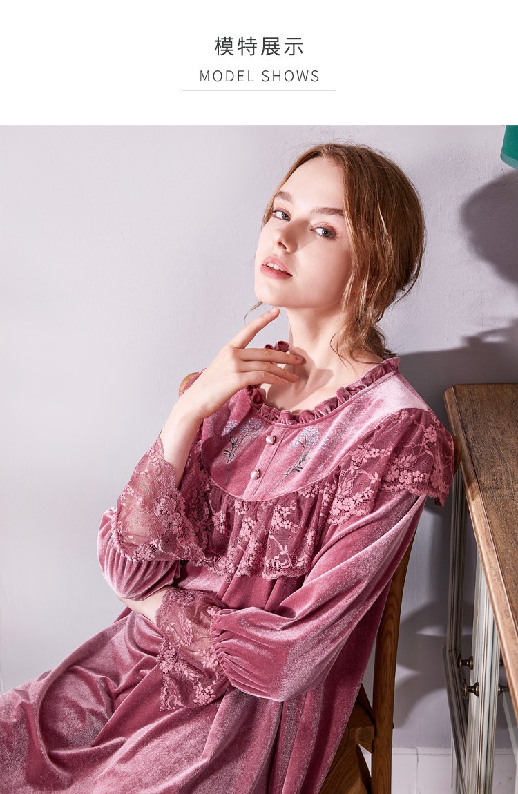 美标真丝丝绒睡裙女春秋新款长袖桑蚕丝睡衣公主风甜美家居服豆沙色l1