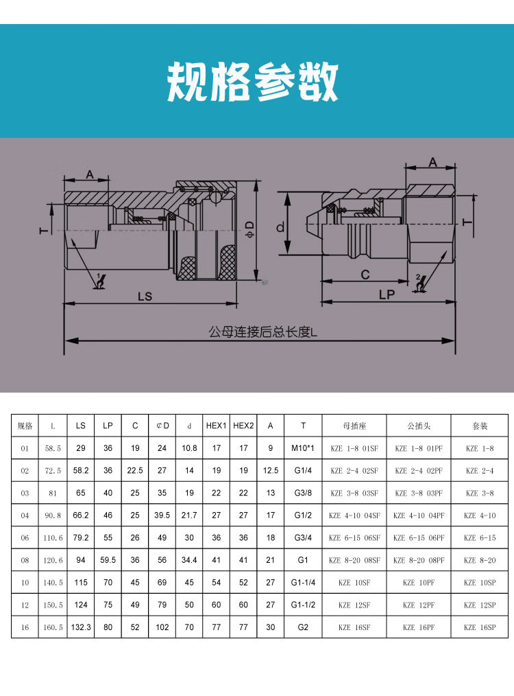 世达(sata) kze双开闭液压快速接头高压自封自锁油管拖拉机用碳钢