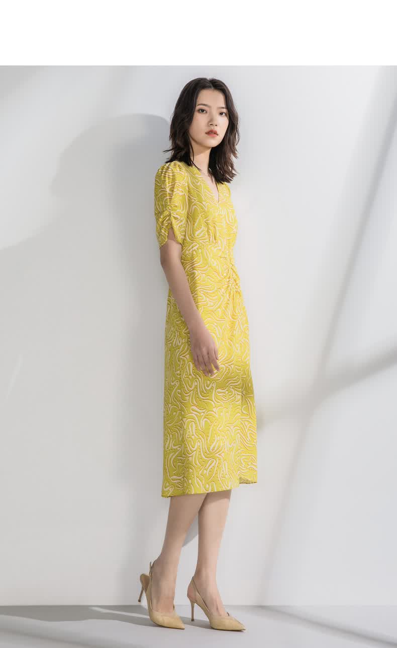 yifini易菲v领短袖高腰遮肉连衣裙女2022夏季新款气质收腰长款a05y