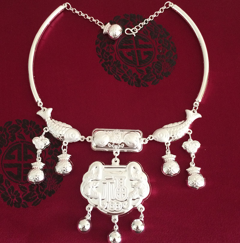 银项圈999银宝宝长命锁大颈圈银锁链足银铃铛满月周岁礼盒 35g平面福