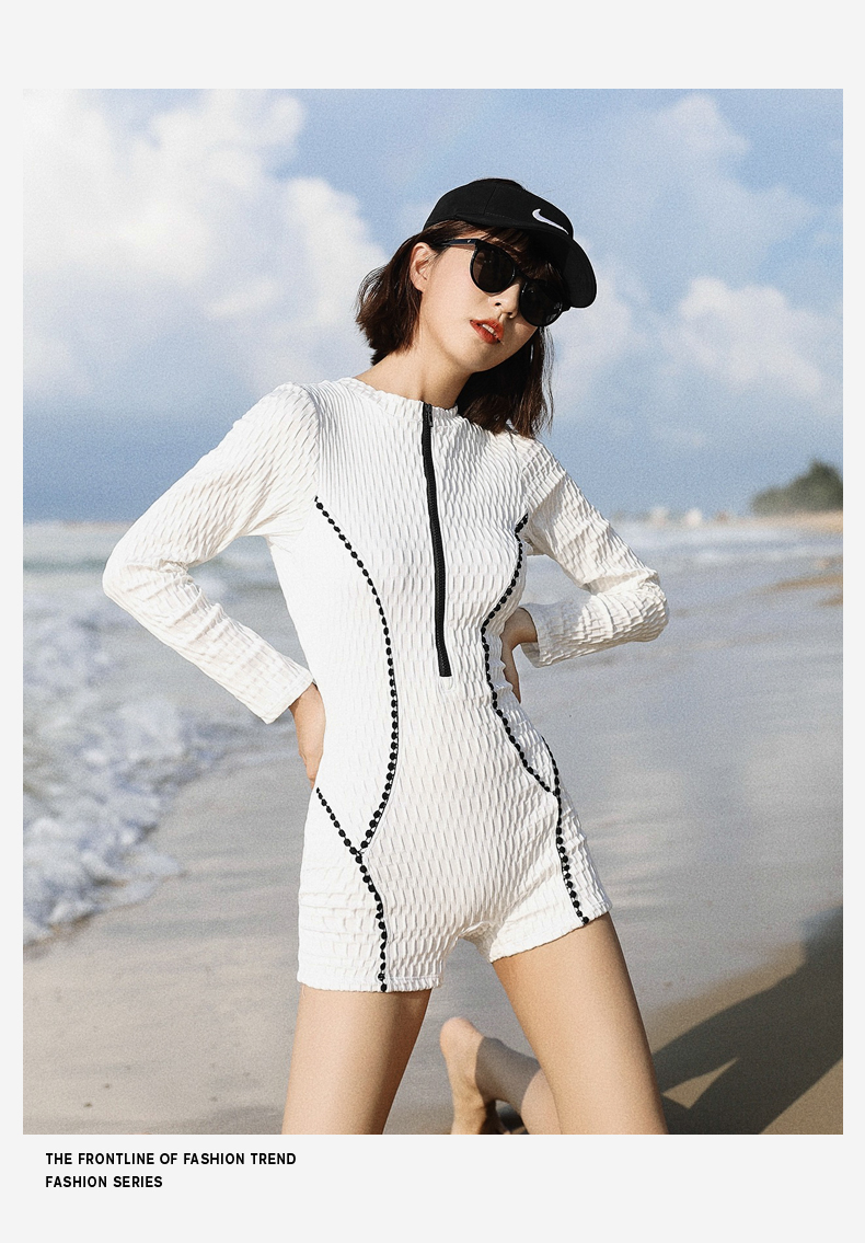 wnhc连体平角泳衣女夏长袖保守2022新款显瘦温泉游泳馆专用泳装女白色