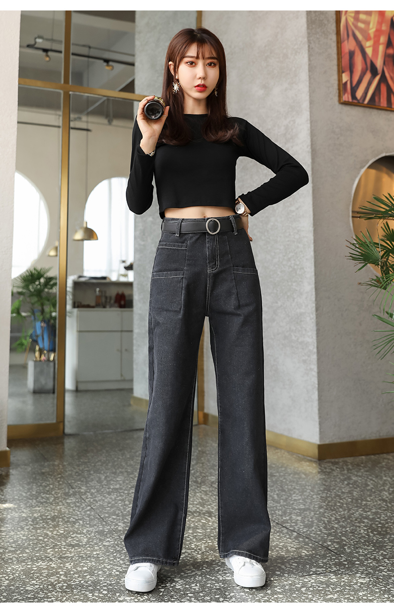 高腰牛仔裤女2019春秋新款显瘦韩版宽松阔腿泫雅cec九分直筒裤子 黑色