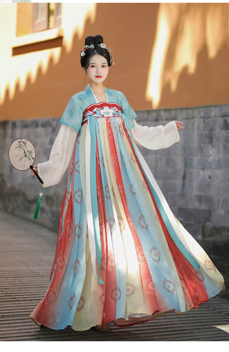 夏季半臂齐胸襦裙中国风仙气古装全套 蓝色半臂 上襦 齐胸裙 蓝色披帛