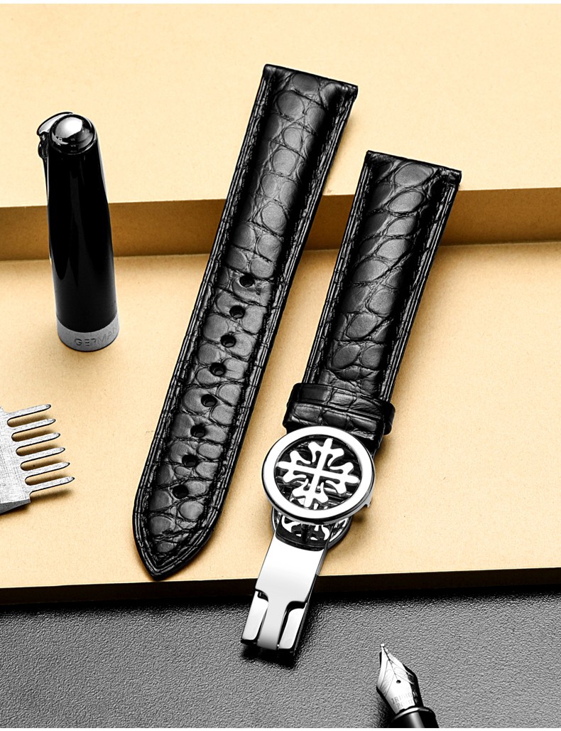 百达翡丽表带鳄鱼皮真皮 适配pp百达翡丽手表带正品原装蝴蝶扣18 19