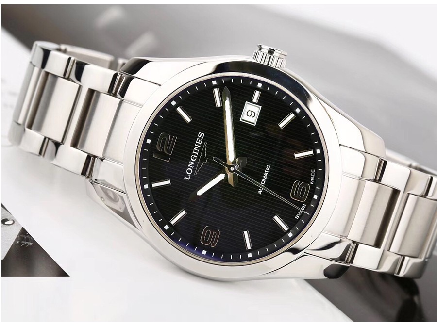 二手95新浪琴康铂男士自动机械黑盘计时日期夜光背透男表二手腕表机械