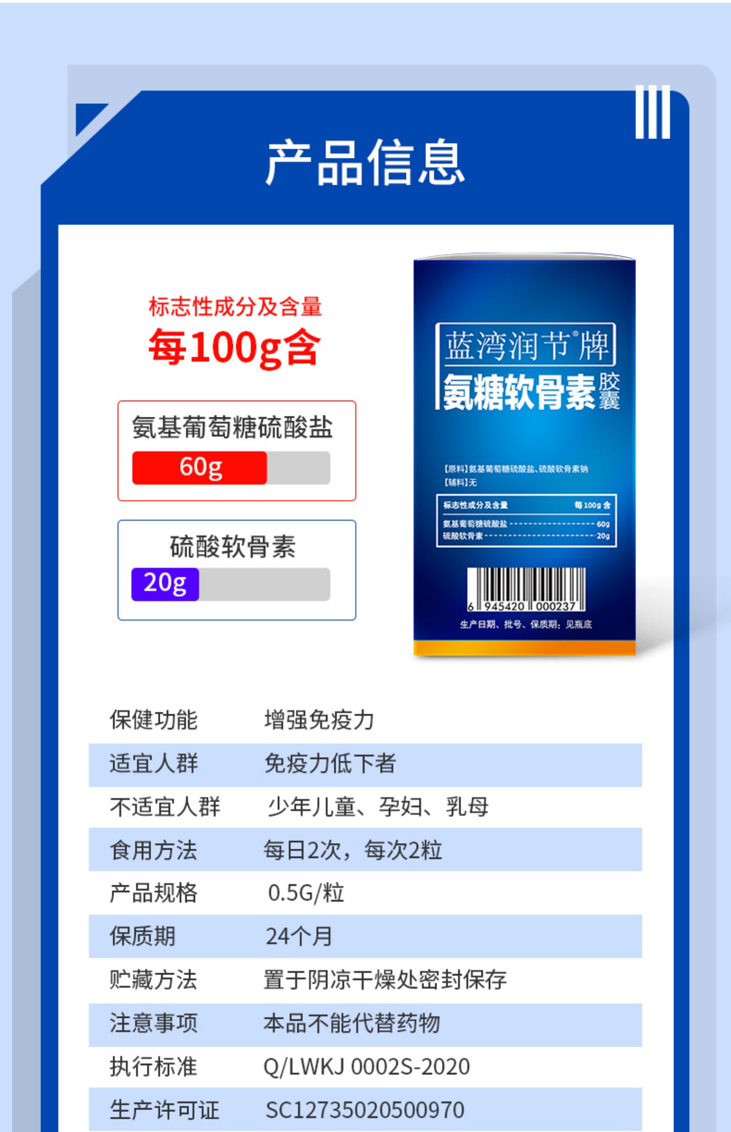 蓝湾牌氨糖节牌氨糖软骨素胶囊厦门高硫酸氨基葡萄糖中老年人 氨糖