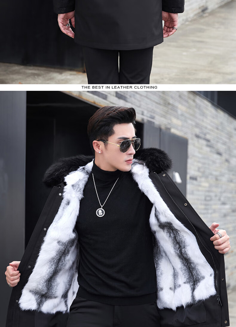 老爷车 派克服男貂皮男士尼克服可拆卸整貂绒内胆中长款貂皮大衣狐狸