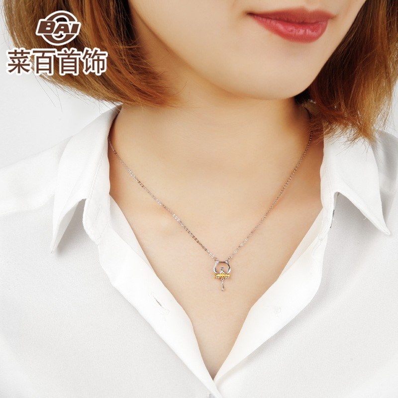 菜百首饰 铂金链牌 pt950猫吃鱼时尚黄铂金项链链牌 可爱猫咪锁骨链