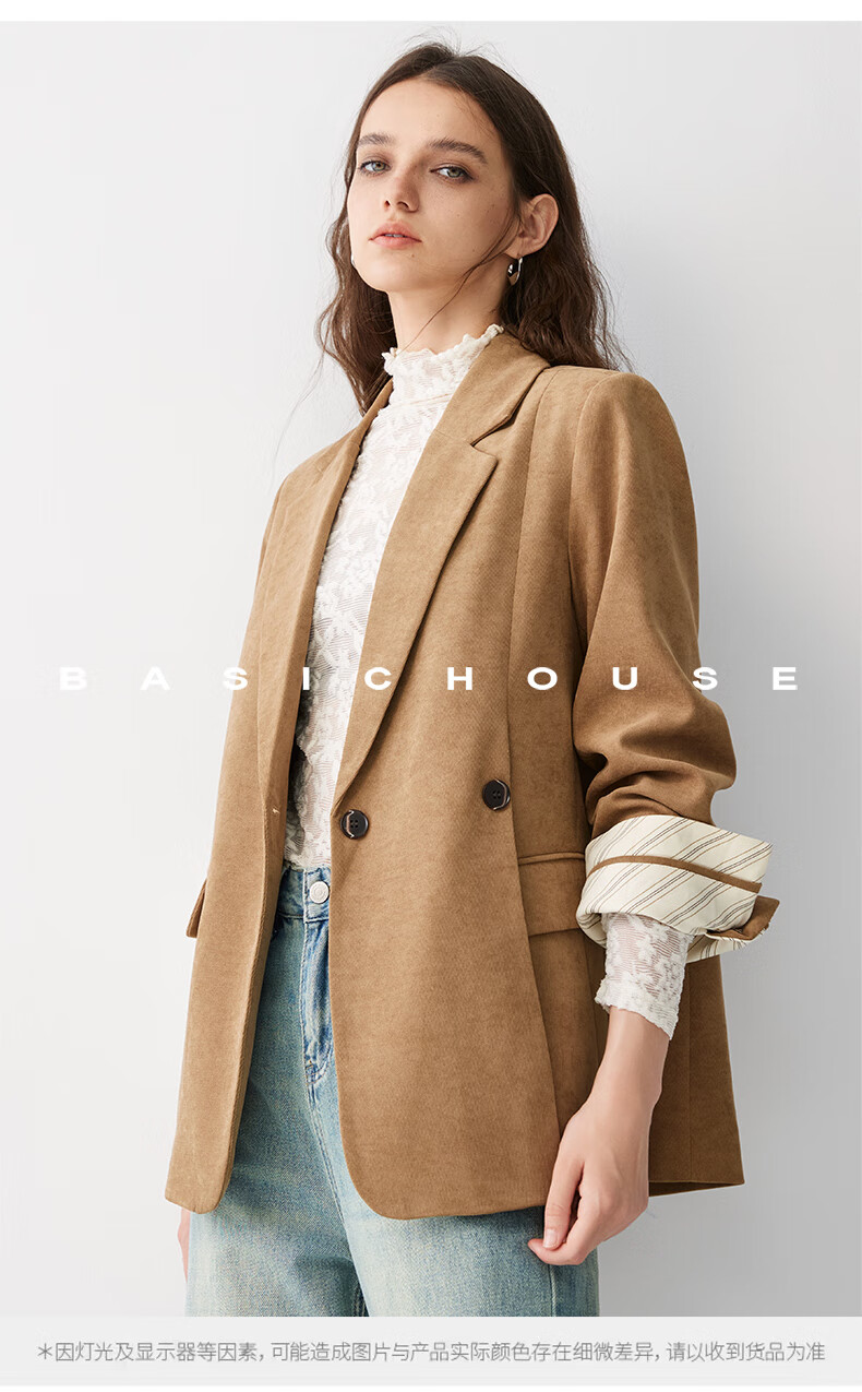 BASIC HOUSE/百家好休闲风秋季2024拉德潮流卡其色宽松气质小西装外套女2024秋季美拉德潮流小西服女O 卡其色 M详情图片38