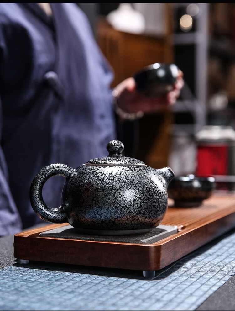 建窑建盏茶壶 陶福气 铁胎建盏茶壶泡茶家用功夫茶具窑变天眼釉西施泡