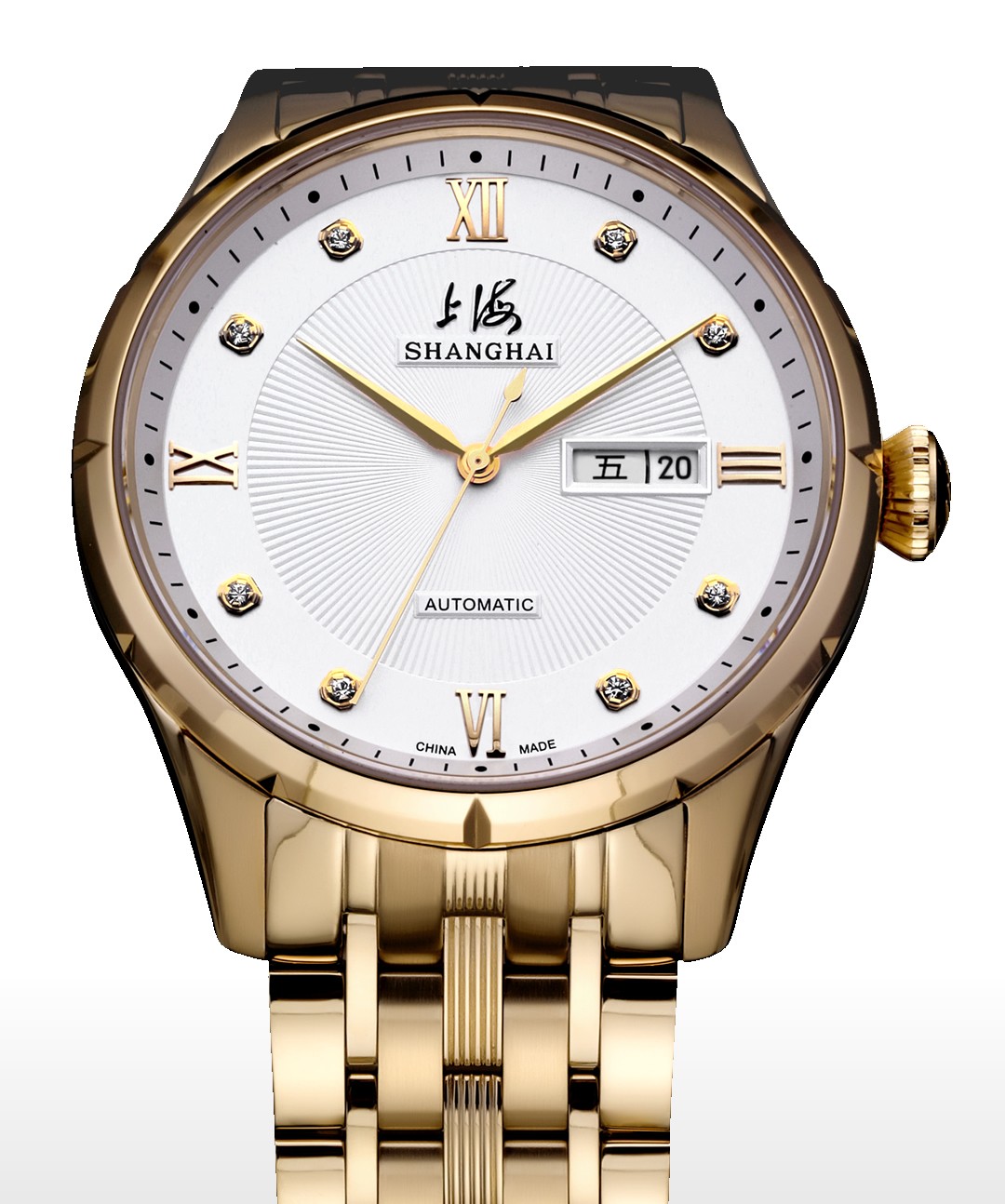 上海牌手表全自动机械镶钻国产钢带星期日历土豪金情侣表sh3012