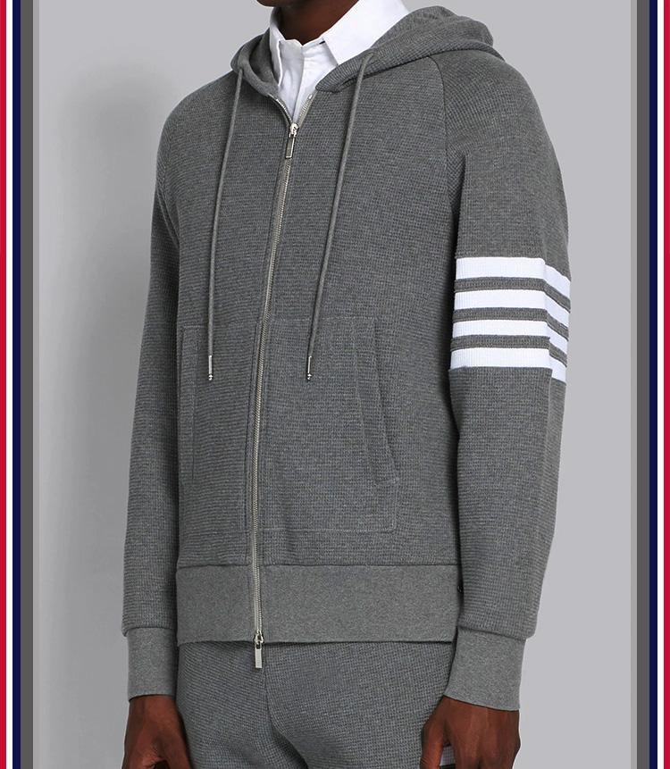 汤姆高品质男tb条纹华夫格外套四道杠棉拉链连帽运动开衫潮牌外套潮