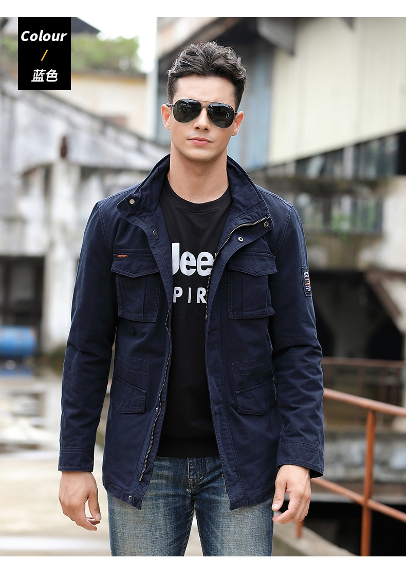 jeep吉普美国中长款夹克男士秋季户外休闲纯棉水洗多口袋军绿工装立领