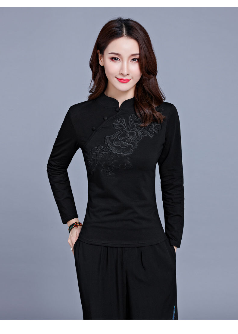 女装新款95棉民族风女装上衣绣花长袖t恤女春秋中国风复古盘扣大码