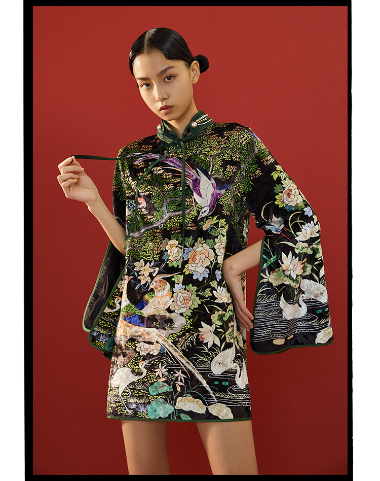 密扇mukzin秋冬设计师新款印花复古裙子开叉长袖改良旗袍连衣裙女原创