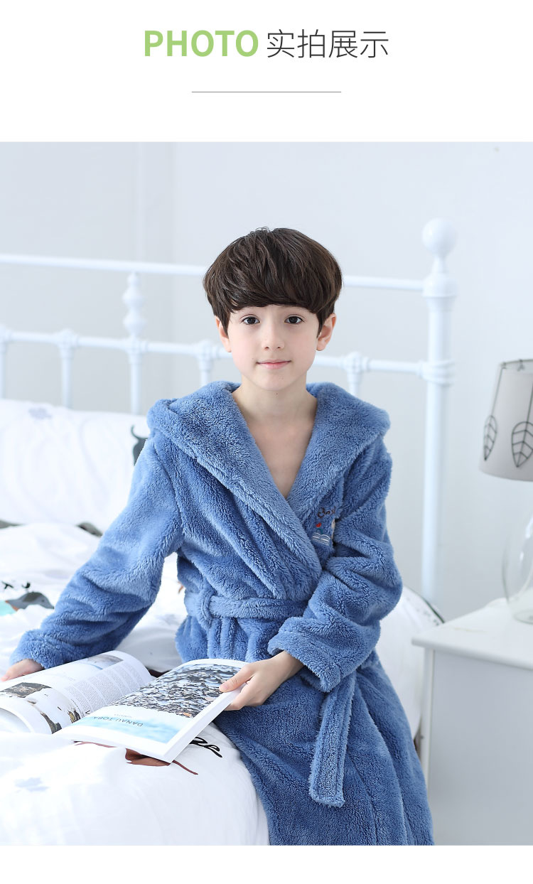 儿童浴袍珊瑚绒男孩秋小孩加厚男童睡衣中大童法兰绒睡袍长款小孩子穿