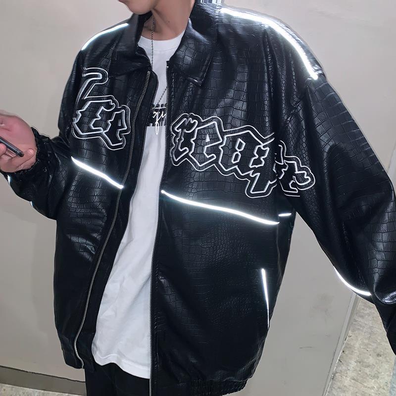 秋冬季新款反光夹克男宽松机车外套男生港风嘻哈运动上衣白白s关注