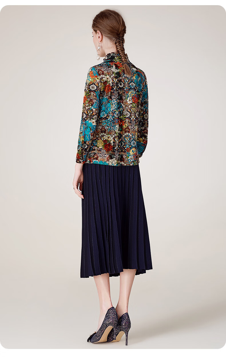 moreline沐兰2019秋冬新款长袖女装花边立领修身绒软典雅烧花衬衫 兰