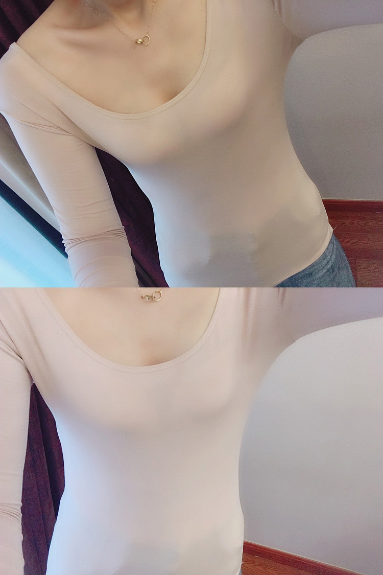 【京选品质】春秋超薄莫代尔打底衫ins女装长袖低领紧身大u领打底t恤