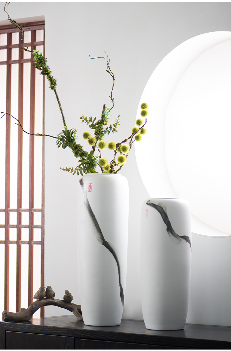 新品上新客厅落地花瓶假花摆件手绘落地大花瓶新中式家居装饰白色摆件