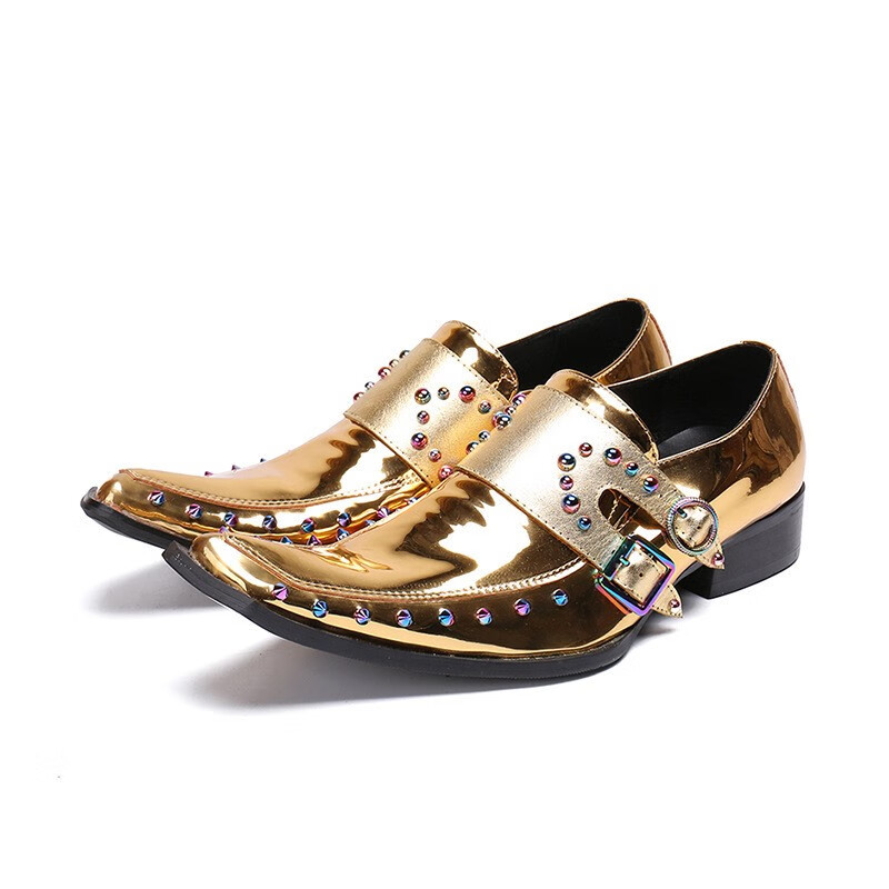 蓝色妖姬套装切尔西金色切尔西靴男尖头 蓝色妖姬皮鞋休闲真皮脚宽商