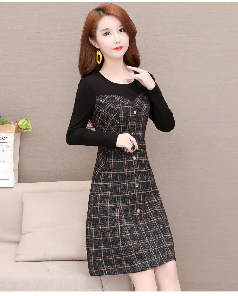 长袖格子毛呢打底连衣裙2019年秋冬季女装新款流行裙子加厚大码潮 红