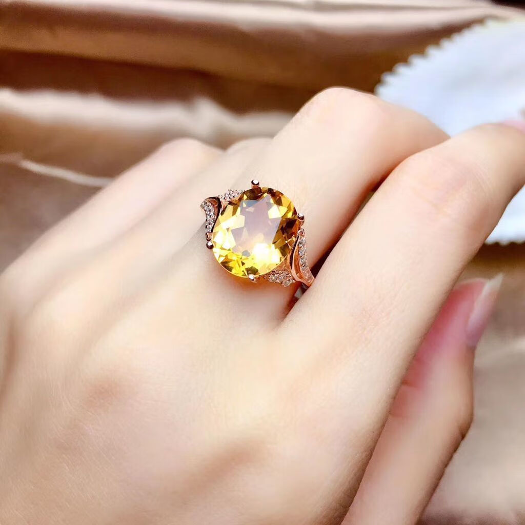 瑶诺佴 大克拉碧玺黄水晶戒指女款925银新款黄宝石韩版时尚百搭 白