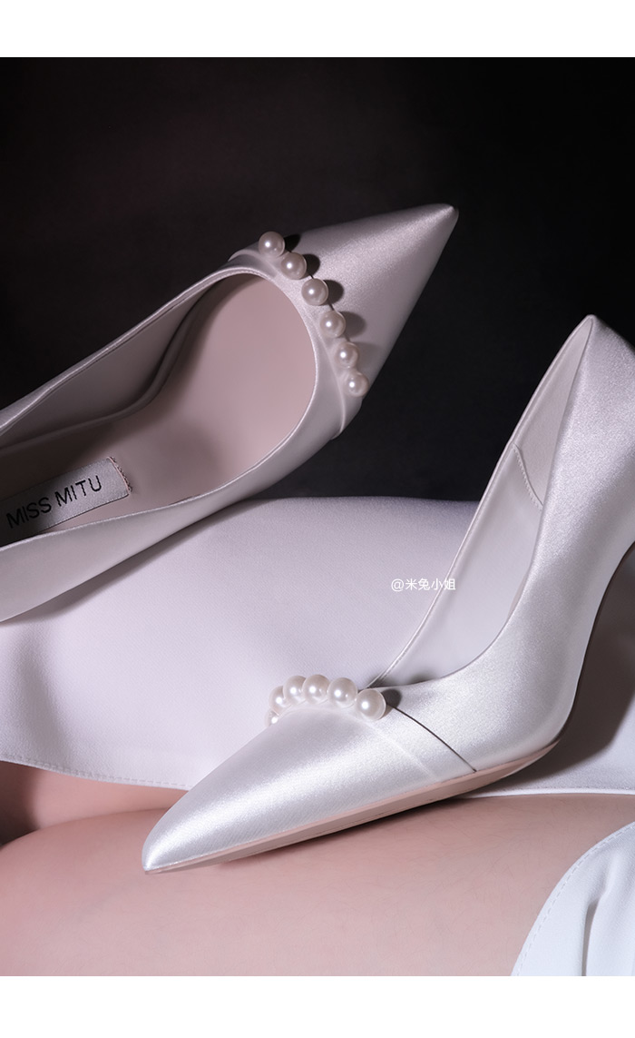 米兔小姐【月光】婚鞋女珍珠白色缎面新娘鞋高跟鞋尖头细跟婚纱鞋婚宴