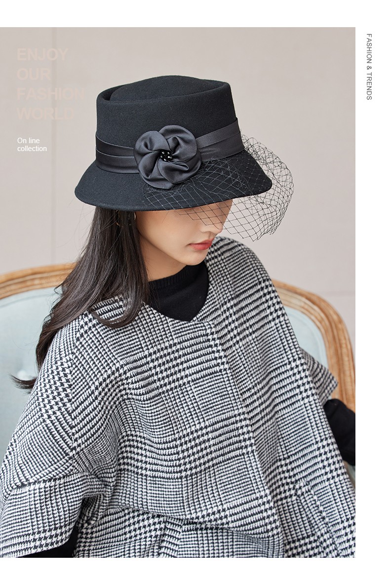 布塔英伦复古礼帽女优雅淑女网纱盆帽时尚百搭保暖羊毛呢毡帽黑色均码