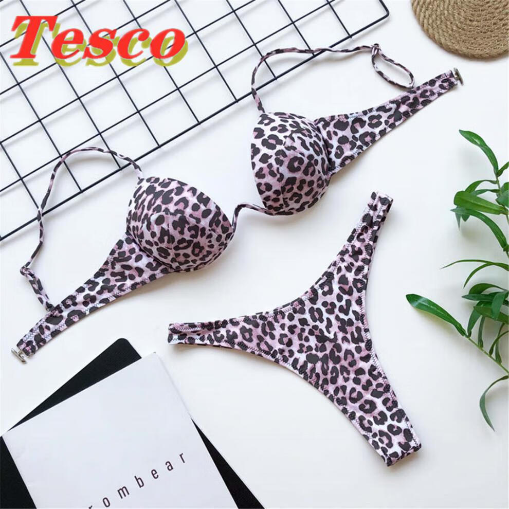 南极人性感v字低胸文胸豹纹比基尼泳衣女三点式超暴露丁字两件套
