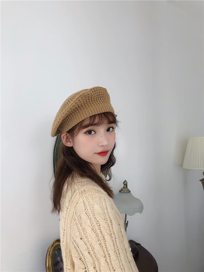 hktw 毛线织的八角帽日系百搭休闲英伦贝雷帽女秋冬韩版潮时尚针织