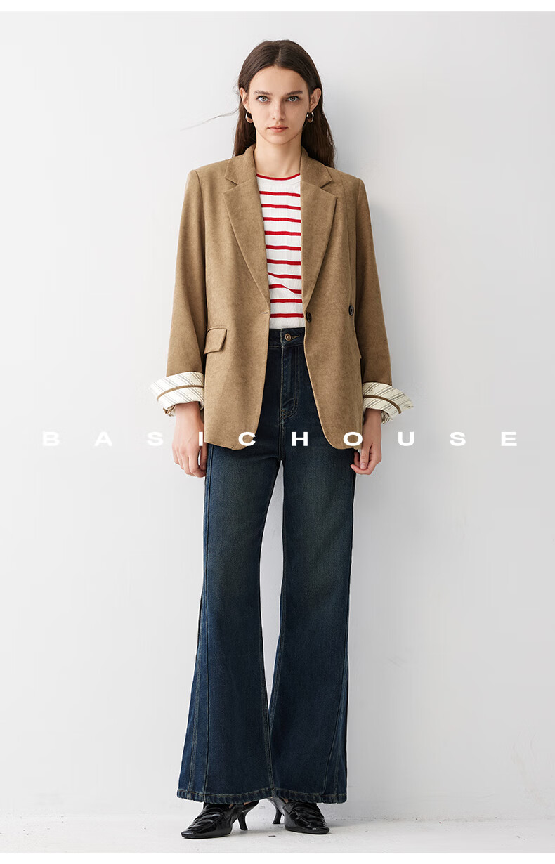 BASIC HOUSE/百家好休闲风秋季2024拉德潮流卡其色宽松气质小西装外套女2024秋季美拉德潮流小西服女O 卡其色 M详情图片40