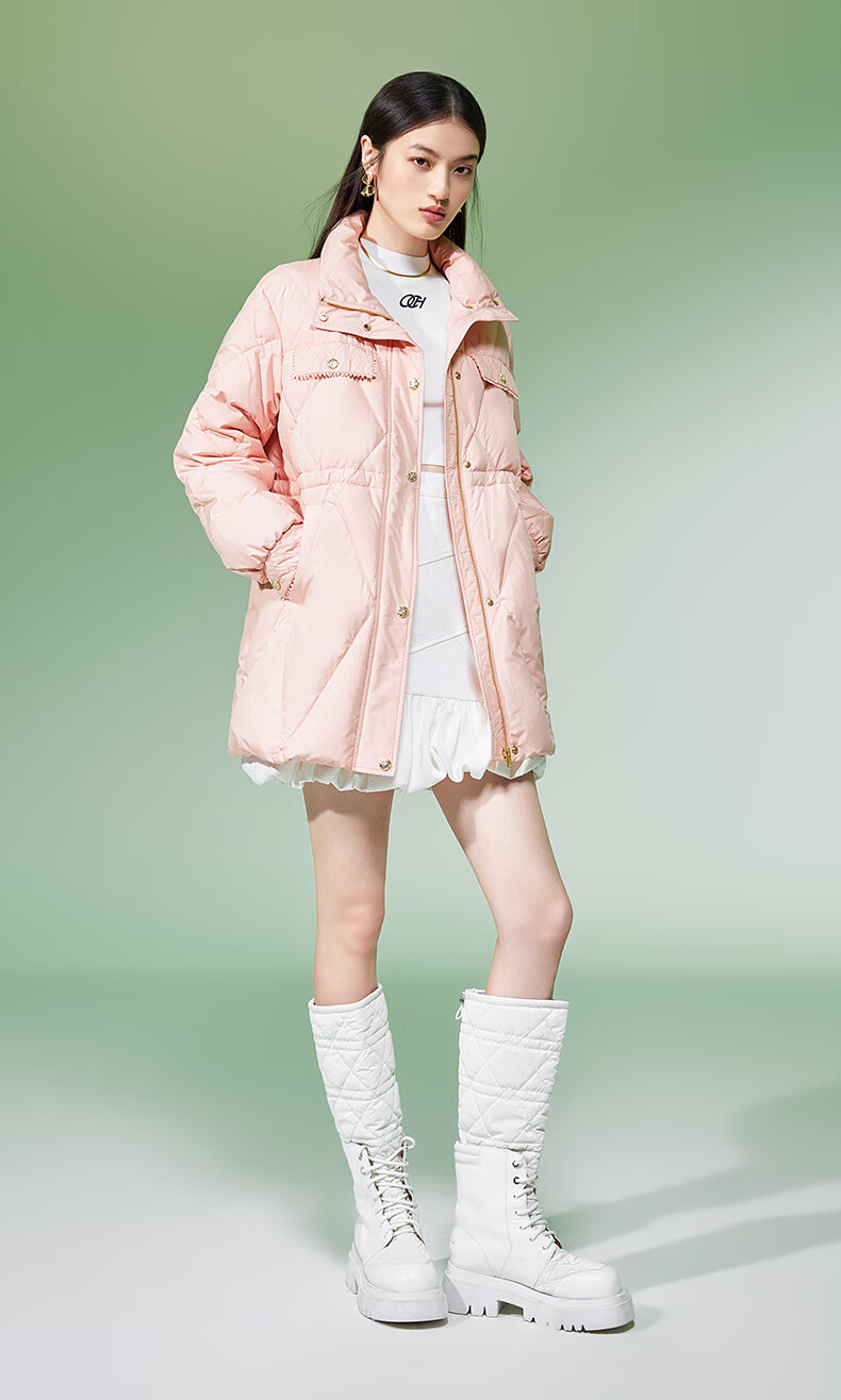 ochirly欧时力 小香风中长款羽绒服女 2022新款秋冬轻薄保暖外套 黑色