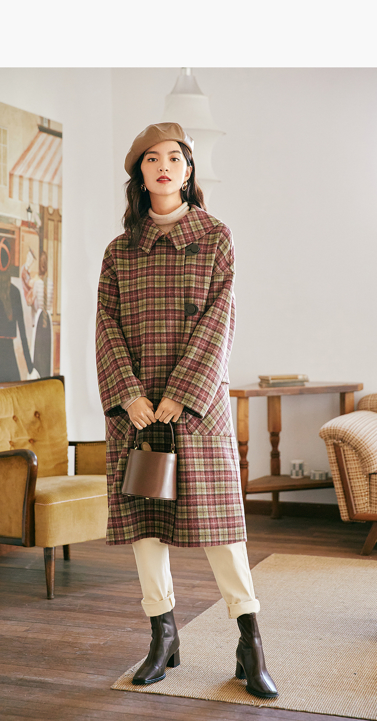 伊芙丽毛呢外套2021年新款秋装复古格子学院风长款双面呢大衣女 胭脂