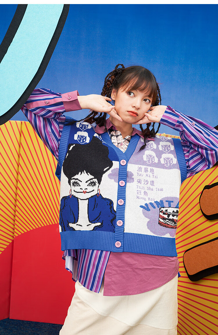 两三事国潮系列无限套娃秋季新款复古拼布印花条纹衬衫女宽松拼色m