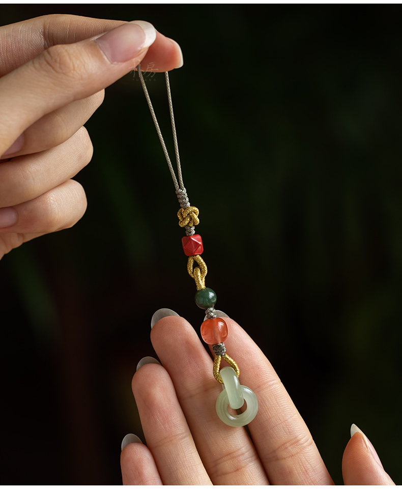 朴房环环相扣情侣手机链天然和田玉双平安扣手机挂件高档挂饰吊坠